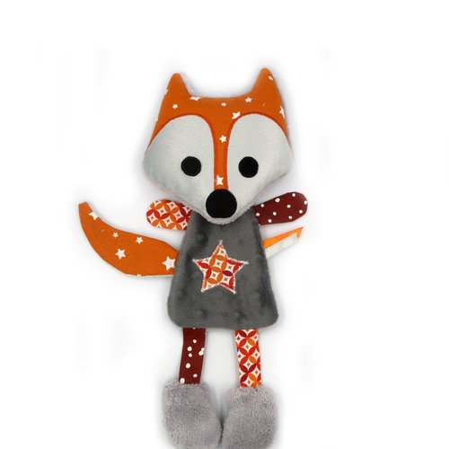 Doudou peluche plat renard, tissu coton minky polaire, gris orange, hauteur 27 cm, doudou personnalisable avec un prénom brodé