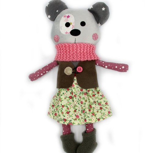 Poupée en tissu ours, poupée ours, gris mauve, jaune, coton, 28 cm de hauteur, jouet, poupée à habiller