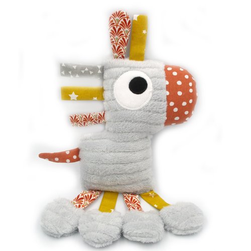 Doudou cheval, peluche, gris orange, tissu coton, fait-main, hauteur 23 cm