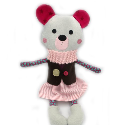 Poupée en tissu ours, poupée ours, gris bordeaux, coton, 28 cm de hauteur, jouet, poupée à habiller