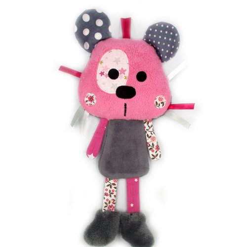 Doudou panda, peluche, rose et gris, tissu coton minky, personnalisé, fait-main, hauteur 23 cm