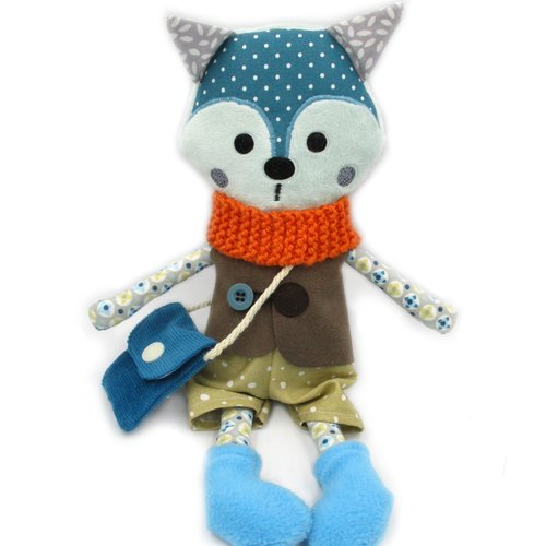 Poupée en tissu renard, poupée renard, bleu gris, coton, 28 cm de hauteur, jouet, poupée à habiller, cadeau de noël