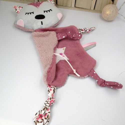 Doudou, peluche chat, tissu polaire microfibre coton, rose mauve, personnalisable couleur, doudou bébé, idée de cadeau
