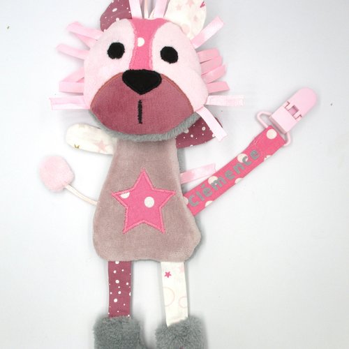 Réservé - doudou lion, attache tétine, peluche, gris rose, tissu coton minky, personnalisable, fait-main, hauteur 29 cm, idée cadeau