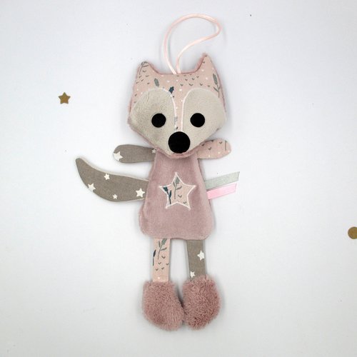 Doudou attache tétine, renard, taupe rose, tissu coton minky, hauteur 23 cm, personnalisable en couleur, idée cadeau de naissance