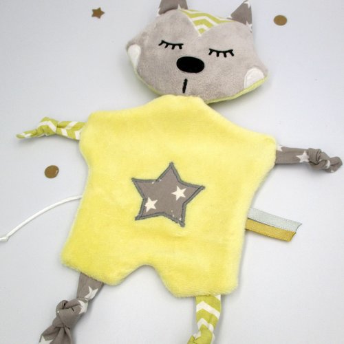 Doudou chat, peluche chat, tissu polaire microfibre coton, jaune taupe, personnalisable couleur, doudou bébé, idée de cadeau