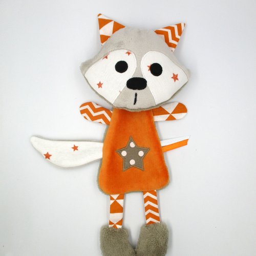 Doudou peluche plat raton laveur, tissu coton minky polaire, orange marron, fait main, cadeau naissance, hauteur 27 cm