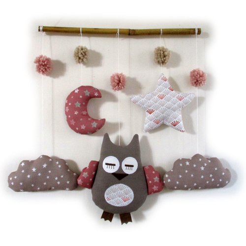 Mobile hibou , coton, gris rose, hibou, mobile de décoration, suspension chambre d'enfant, idée cadeau de naissance