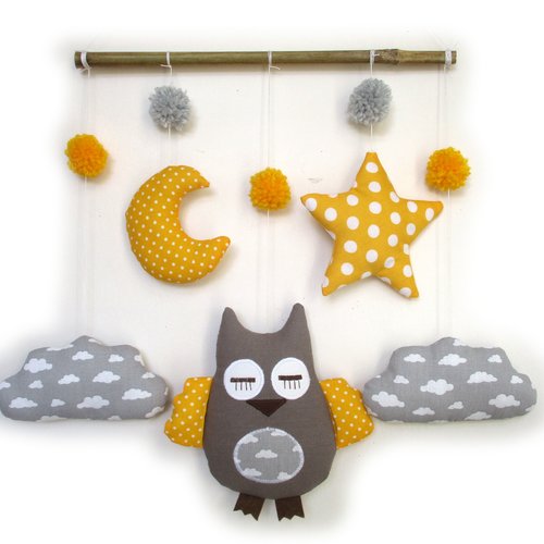 Mobile hibou , coton, gris jaune, hibou, mobile de décoration, suspension chambre d'enfant, idée cadeau de naissance