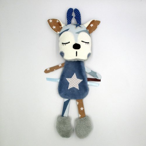 Doudou renne, peluche, bleu marron, tissu coton minky, personnalisable en couleur, fait-main, hauteur 29 cm