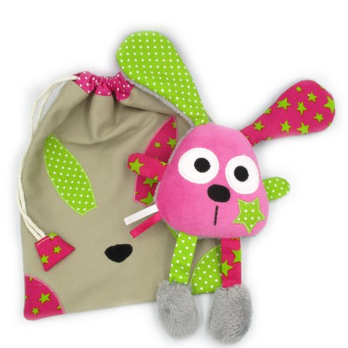 Doudou lapin et sac assorti, rose vert, coton polaire microfibre, personnalisable couleur, doudou bébé, fait-main, idée cadeau