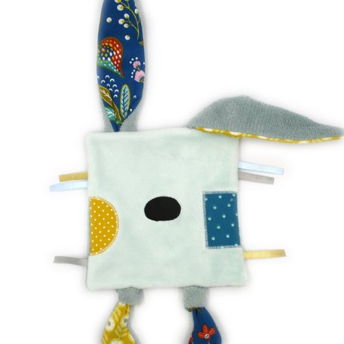 Doudou fait-main lapin plat carré , doudou bébé, tissu coton minky, bleu jaune, fait-main, personnalisable, 36 cm de hauteur