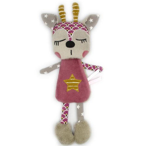 Doudou renne, peluche, violet marron, tissu coton minky, personnalisable en couleur, fait-main, hauteur 29 cm