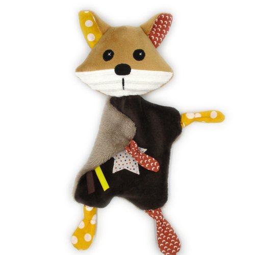 Doudou renard plat, tissu polaire microfibre coton, marron jaune orange, personnalisable couleur, doudou bébé, idée de cadeau