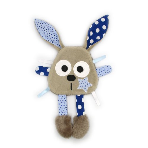 Doudou lapin , tissu coton minky , marron bleu, hauteur 24 cm, personnalisable en couleur