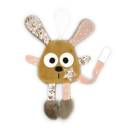 Doudou lapin attache tétine, tissu coton minky , marron rose, hauteur 24 cm, personnalisable en couleur