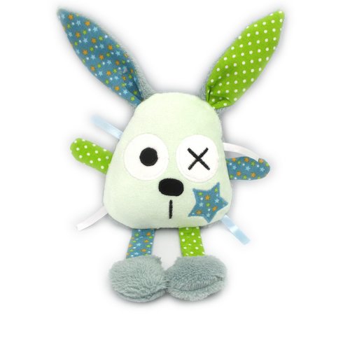 Doudou peluche lapin, vert bleu, coton polaire microfibre, personnalisable couleur, doudou bébé, fait-main, idée cadeau