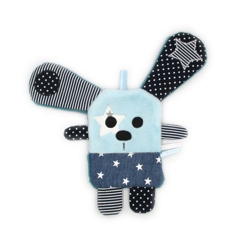 Doudou lapin, peluche plat, tissu coton minky polaire, bleu marine blanc, hauteur 27 cm, personnalisable avec un prénom brodé