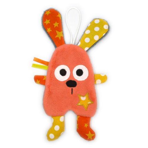 Doudou lapin, peluche plat, tissu coton minky polaire, corail jaune orange, hauteur 27 cm, personnalisable avec un prénom brodé