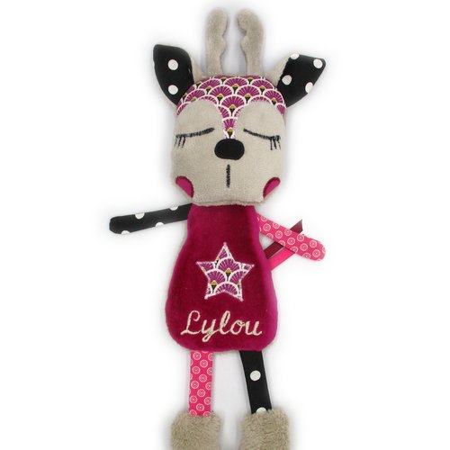 Réservé doudou renne, peluche, fuchsia noir, tissu coton minky, personnalisable en couleur, fait-main, hauteur 29 cm