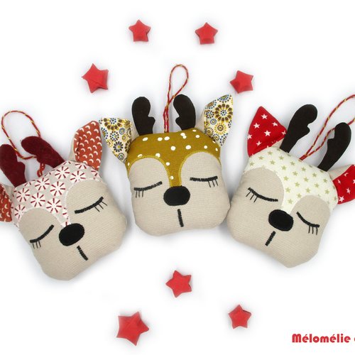 Renne en tissu, lot de 3 , coton, beige multicolore, décoration de noël, déco sapin de noël