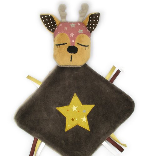 Doudou renne, peluche, marron jaune violet, tissu coton minky, personnalisable en couleur, fait-main
