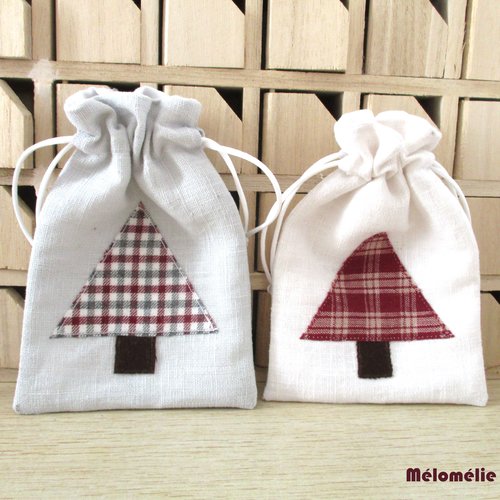 Pochette de noël en lin lot de 2, beige blanc, pochette cadeau, idée cadeau, thème noël