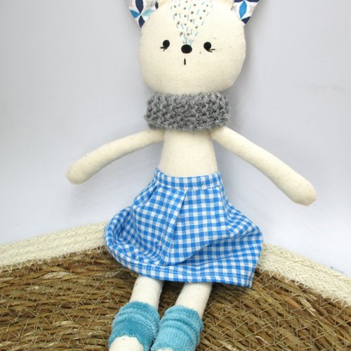 Poupée en tissu , chat, beige et bleu, coton, 26 cm de hauteur, jouet, poupée à habiller, idée cadeau