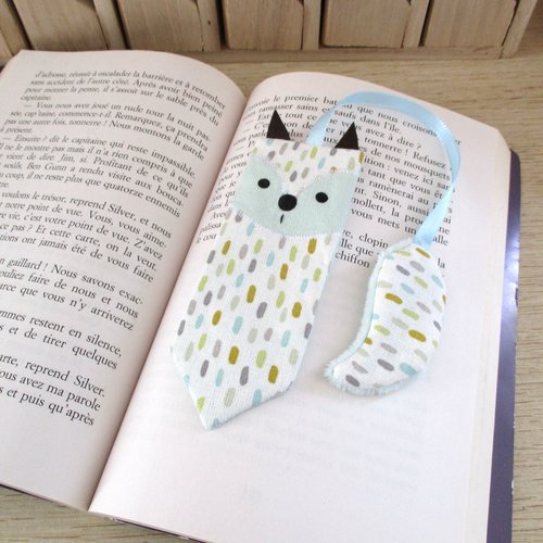 Marque-page renard en tissu, turquoise, idée cadeau, coton, cadeau original et unique, marque ta page, fait-main