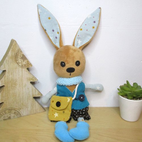 Poupée en tissu , doudou lapin, marron bleu, minky coton, 28 cm de hauteur, jouet, poupée à habiller, idée cadeau