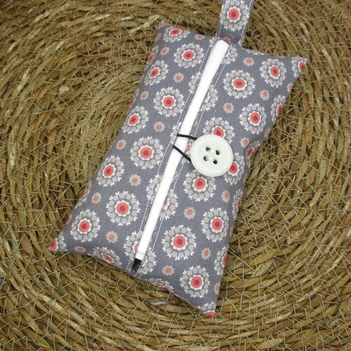 Pochette à mouchoirs, gris fleuri, tissu coton, idée cadeau originale
