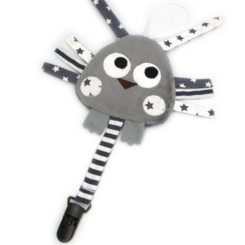 Doudou attache tétine oiseau gris et blanc, minky et coton, tout doux, original et unique