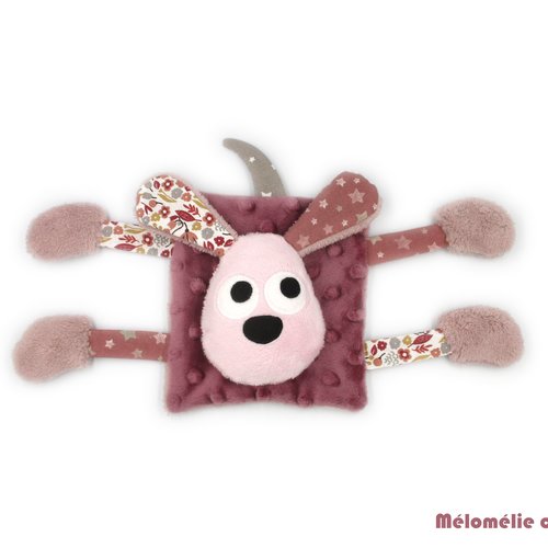 Doudou plat chien, fait-main, minky et coton, rose mauve, doudou plat, doudou personnalisable couleur et prénom