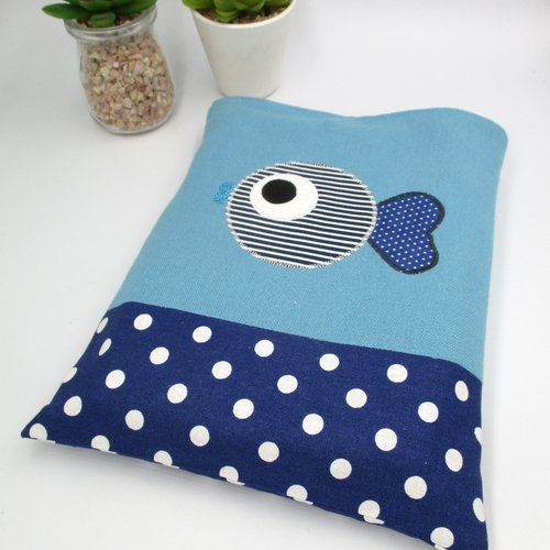 Pochette pour livre, poisson, bleu, idée cadeau, idéal pour ranger et protéger ses livres