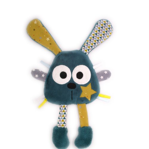 Doudou lapin plat, tissu coton minky, bleu jaune, cadeau de naissance, fait-main, personnalisable, 36 cm de hauteur, doudou original