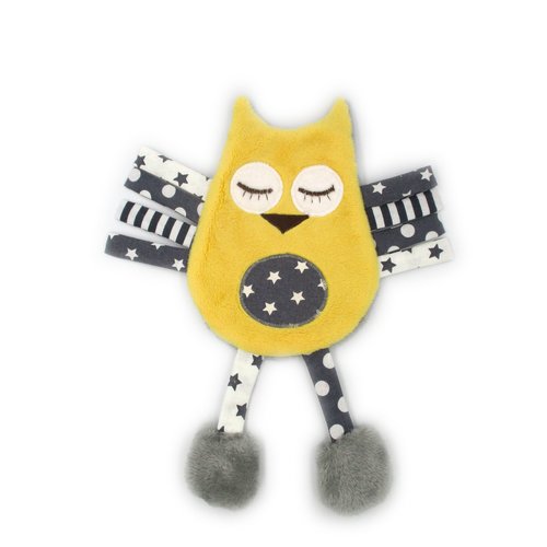 Doudou hibou plat, fait-main, peluche hibou, tissu coton minky, jaune gris, fait-main, hauteur 26 cm