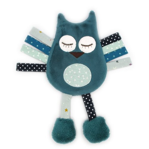 Doudou hibou plat, fait-main, peluche hibou, tissu coton minky, bleu, fait-main, hauteur 26 cm