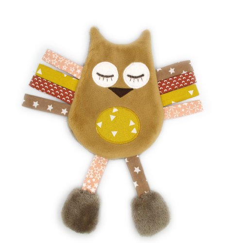 Doudou hibou plat, fait-main, peluche hibou, tissu coton minky, moutarde, fait-main, hauteur 26 cm