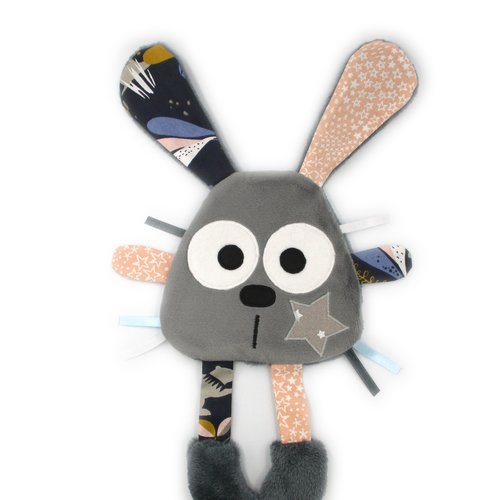 Doudou lapin plat, coton minky, gris corail bleu, cadeau de naissance, fait-main, personnalisable, 36 cm de hauteur, doudou original