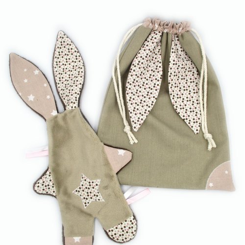 Doudou lapin plat et sac assorti, marron rose, minky coton, personnalisable couleur, doudou bébé, fait-main, idée cadeau