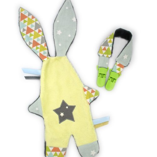 Doudou lapin plat et attache doudou assorti, jaune bleu, minky coton, personnalisable couleur, doudou bébé, fait-main, idée cadeau