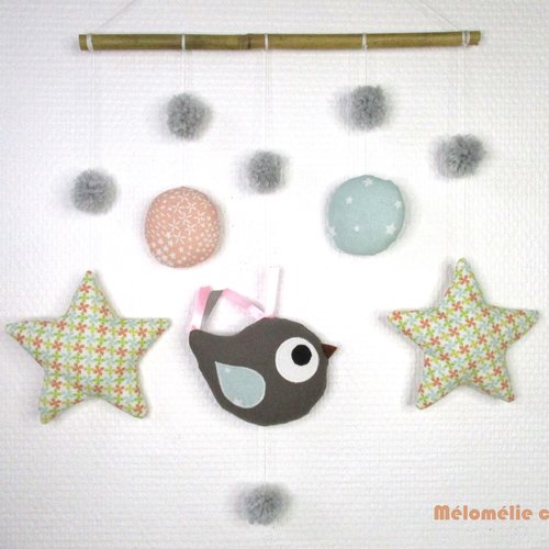 Mobile oiseau , décoration murale, multicolore, mobile bébé, suspension chambre d'enfant, personnalisable