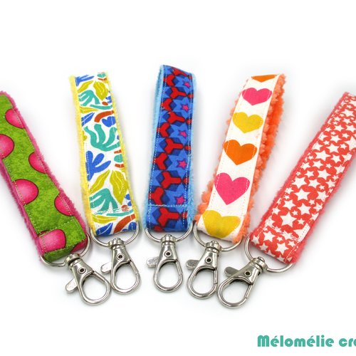 Porte-clés dragonne, porte-clés lanière, multicolore, coton et minky, tout doux, idée cadeau, mousqueton