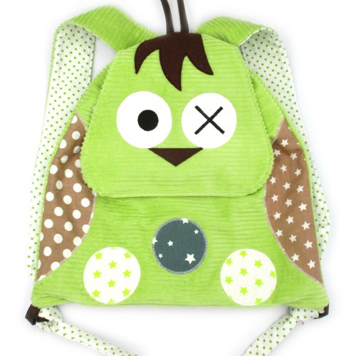 Sac à dos hibou, coton, marron vert, sac à dos enfant maternelle, sac hibou, 31 cm x 29 cm, rentrée scolaire, idée cadeau