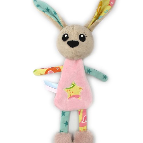 Doudou lapin plat rose jaune bleu , tissu coton minky tout doux , hauteur 29 cm, personnalisable en couleur
