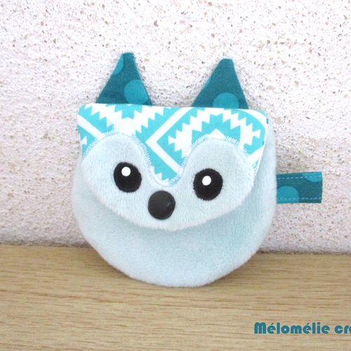 Porte-monnaie renard, range écouteurs, pochette multi usage, bleu, idée cadeau originale et unique, personnalisable en couleurs