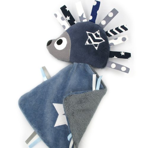 Doudou plat hérisson, peluche, coton minky polaire, bleu, fait-main, cadeau de naissance, personnalisable, idée cadeau