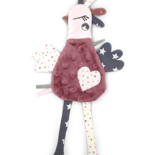 Doudou plat poule, poulette coquette, peluche, coton minky polaire, rose mauve, fait-main, cadeau de naissance, personnalisable, pâques