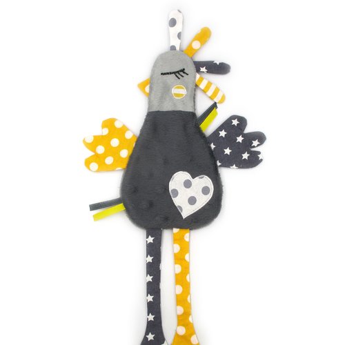 Doudou plat poule, poulette coquette, peluche, coton minky polaire, gris jaune, fait-main, cadeau de naissance, personnalisable, pâques