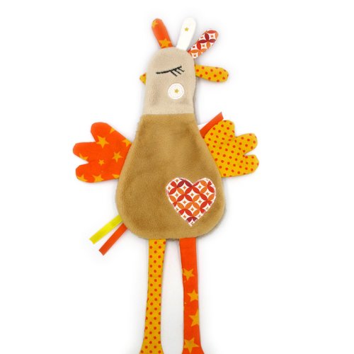 Doudou plat poule, poulette coquette, peluche, coton minky, marron orage jaune, fait-main, cadeau de naissance, personnalisable, pâques